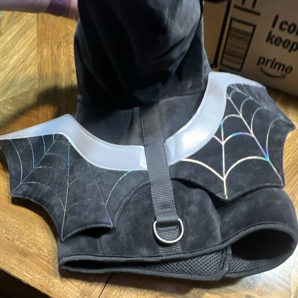 Black Bat Wing Soft Mesh Vest Dog Harness w/ Hood Spiderweb, Adjustable